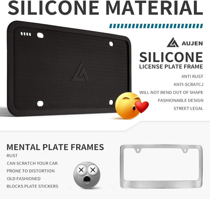 Aujen Silicone License Plate Frame 2-Pack – Black, Rust & Rattle Proof
