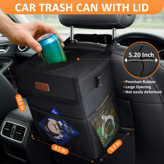 Vankor Car Trash Can with Lid – Leakproof Hanging Back Seat Organizer, Black