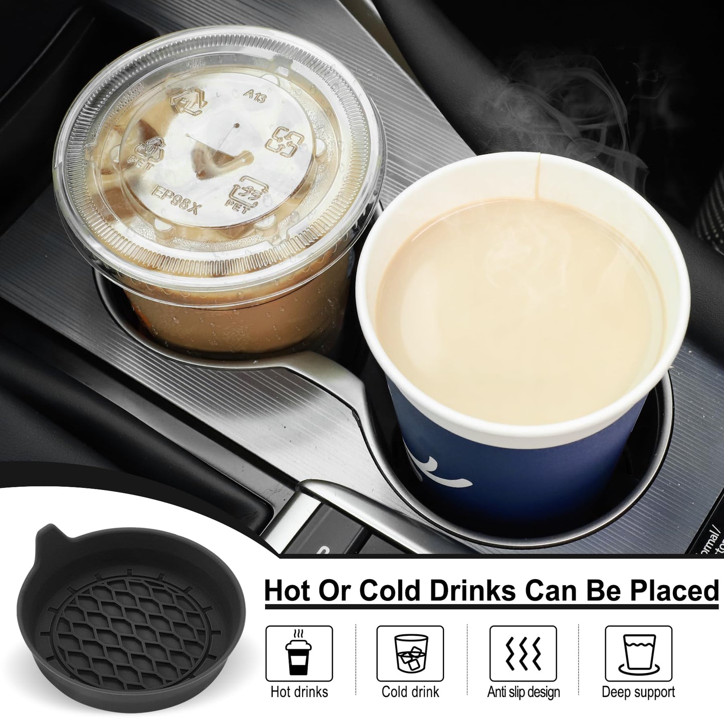 SINGARO Silicone Car Cup Holder Coasters – Non-Slip Universal Inserts, 4-Pack Black