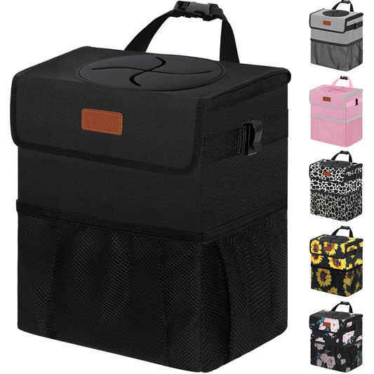 Vankor Car Trash Can with Lid – Leakproof Hanging Back Seat Organizer, Black