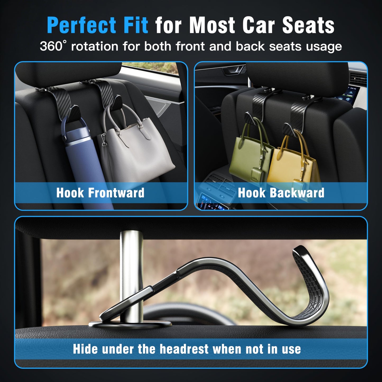 Amooca Car Headrest Hooks 4-Pack – 360° Rotating Storage Organizer, Black