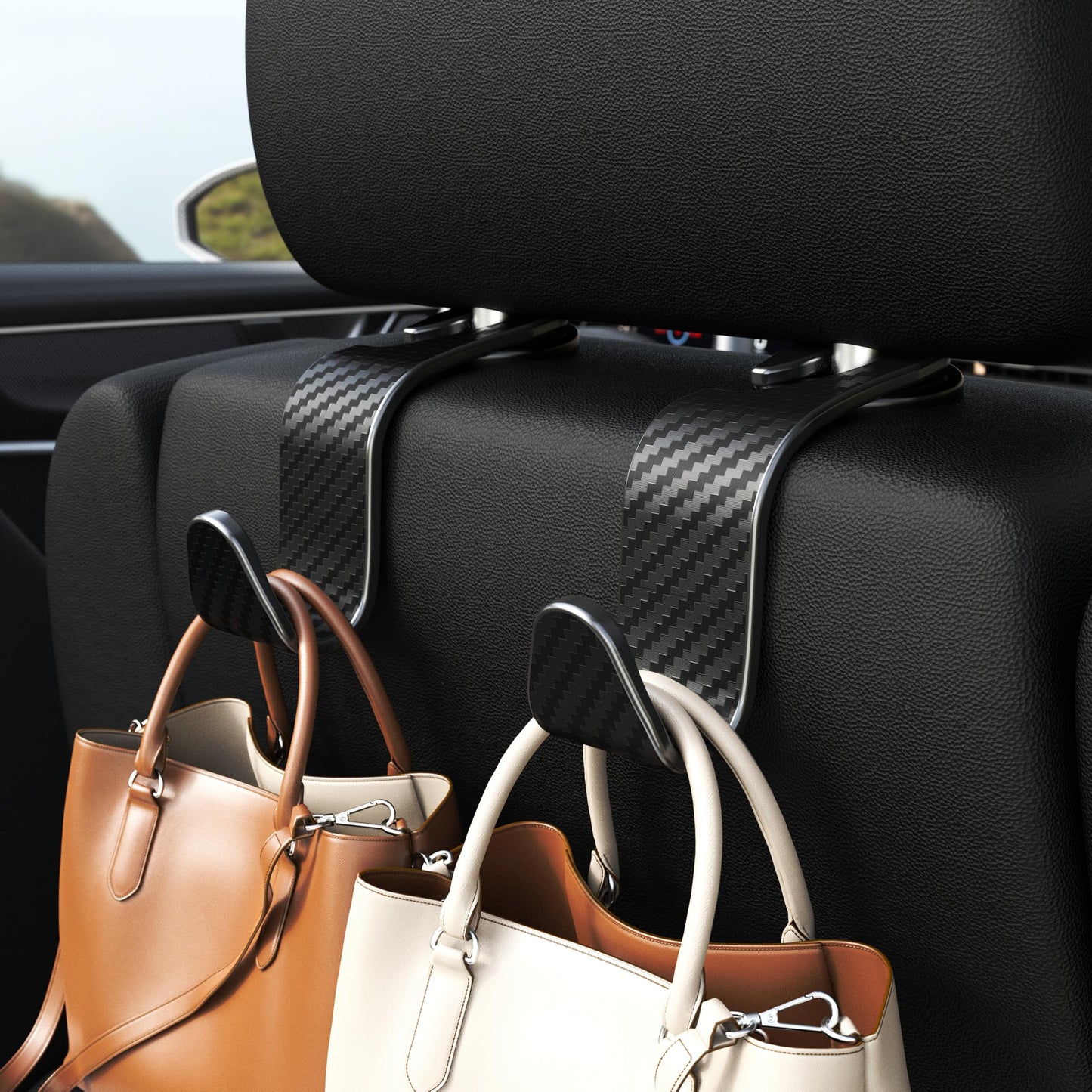 Amooca Car Headrest Hooks 4-Pack – 360° Rotating Storage Organizer, Black