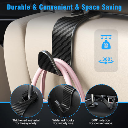 Amooca Car Headrest Hooks 4-Pack – 360° Rotating Storage Organizer, Black